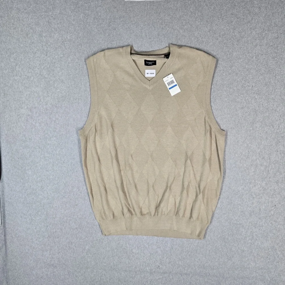 Haggar Men Sweater XL Beige Sweater Vest Argyle/diamond Sleeveless Preppy READ